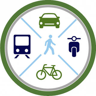 Sustainable Concord Mobility goal icon - has a pedestrian, vehicle, motorcycle, bicycle & train.