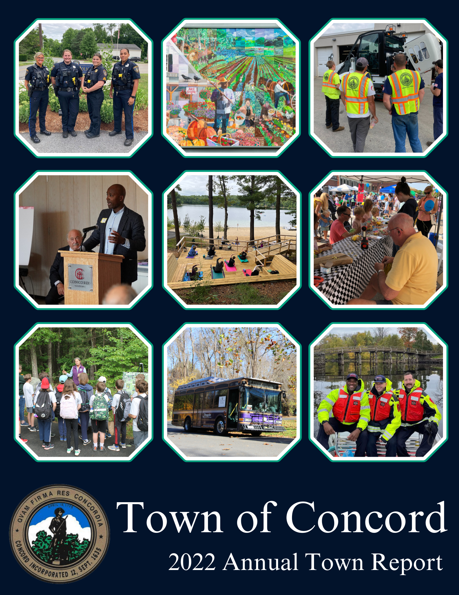 Four women police officers, West Concord Mural, CPW new equipment, 250 Kickoff, Yoga at White Pond