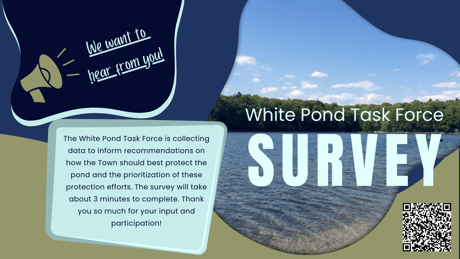 Survey Invite with blue, green background and pond image