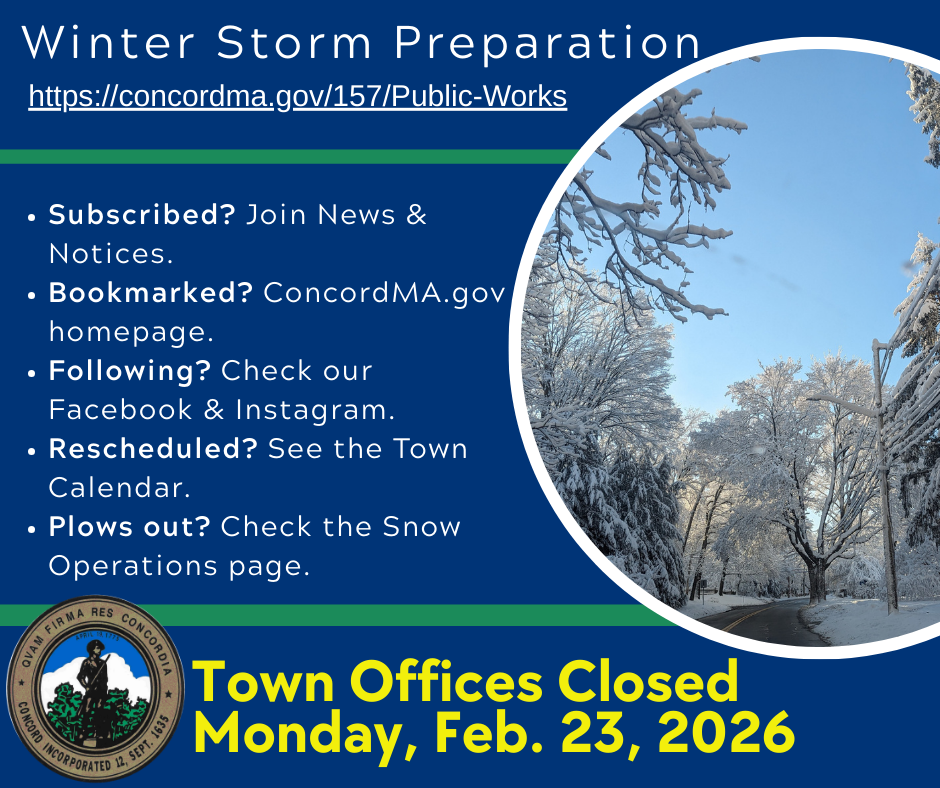Snow scene on a blue background.  Town Offices closed on Feb. 23, 2026