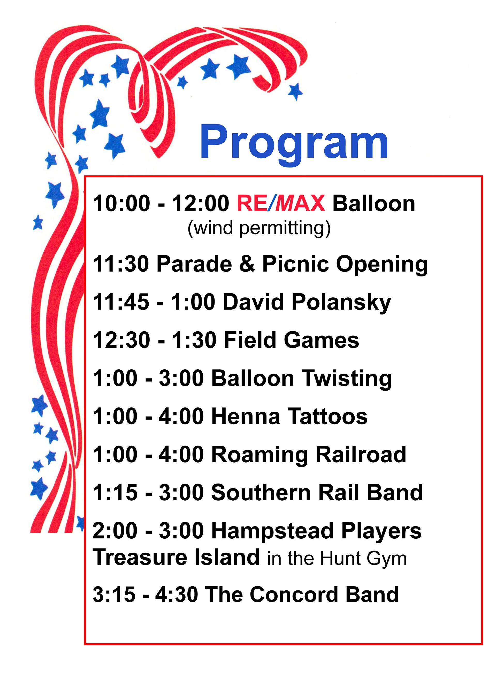 Picnic in the Park Program Schedule, Road race begins 9am, events all day into evening